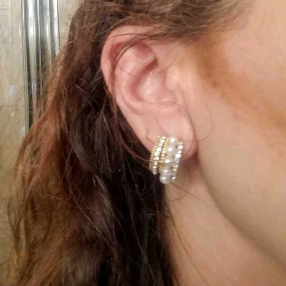 Gold Half Hoop Earrings Pearl Rhinestone Coquette Bridal Wedding Cocktail 💖 - Picture 5 of 16